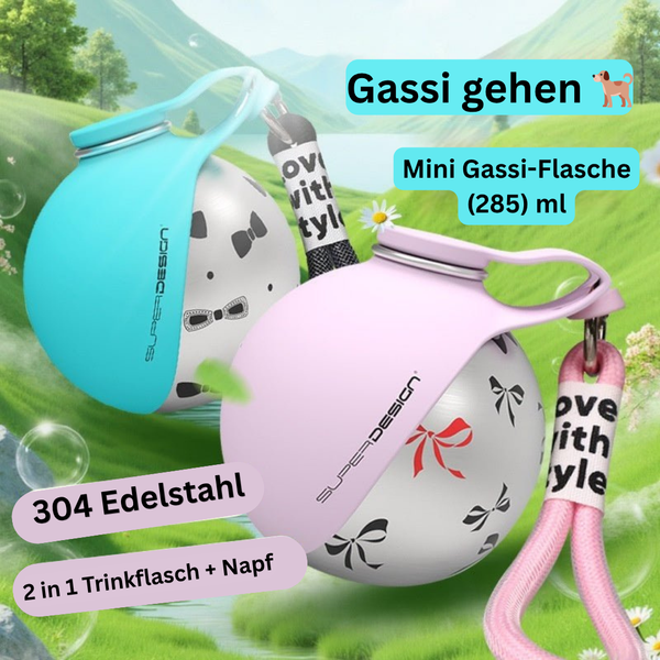 Tragbare Edelstahl-Trinkflasche für Hunde und Katzen  mit Napf – Mini Gassi-Flasche (285ml)